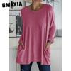 Women's Fashion Casual Summer Loose Pocket Solid Color Print Long Sleeve O-Neck Blouses & Shirts