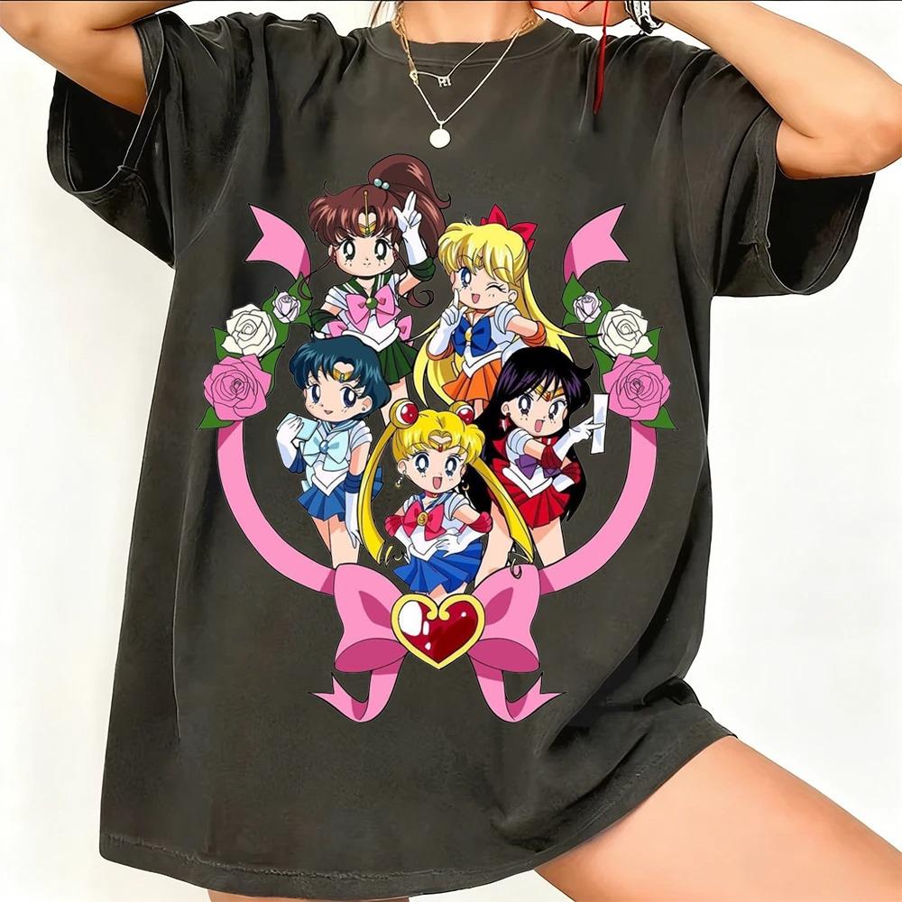 Sailor Moon Ретро 90-х Аниме Графическая Футболка Летняя Хлопковая Унисекс Женская Футболка Уличная Одежда Повседневный Тренд Короткий Рукав Пара Хип-Хоп Топ