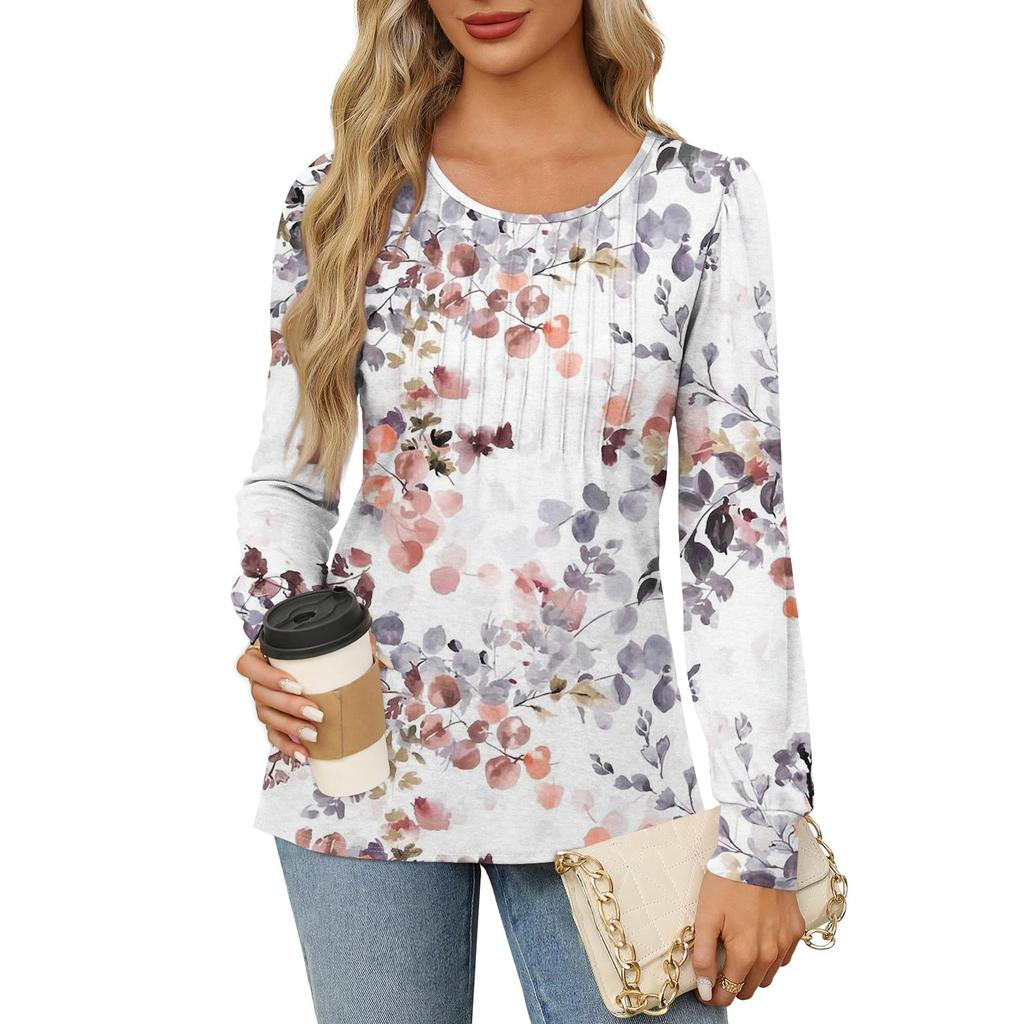 Рубашки с длинным рукавом для женщин, футболки с милым принтом и графикой, блузки, нарядные повседневные блузки, плиссированные топы-туники с овальным вырезом