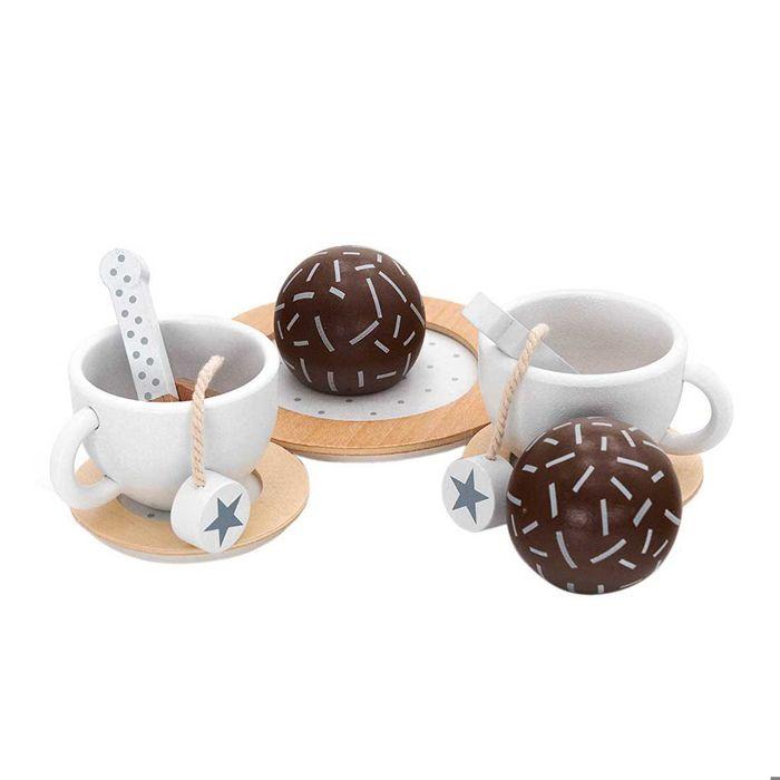 GINGER HOME – Service à thé et café en bois pour enfants avec accessoires, blanc/gris, plateau 26x20 cm, 3+ ans