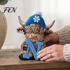 Interior Decoration Pieces 4Pcs Christmas Highland Cow Figurine, Winter Blue Yak Statues with Snowflakes Xmas Ornament Hats, Farmhouse Tabletop