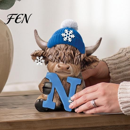 Interior Decoration Pieces 4Pcs Christmas Highland Cow Figurine, Winter Blue Yak Statues with Snowflakes Xmas Ornament Hats, Farmhouse Tabletop