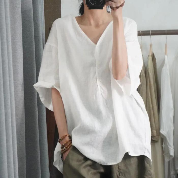New Summer Style Half-sleeved Casual Loose Large Size Meat-covering Comfortable V-neck Top Short-sleeved T-shirt Solid Color Women's Clothing