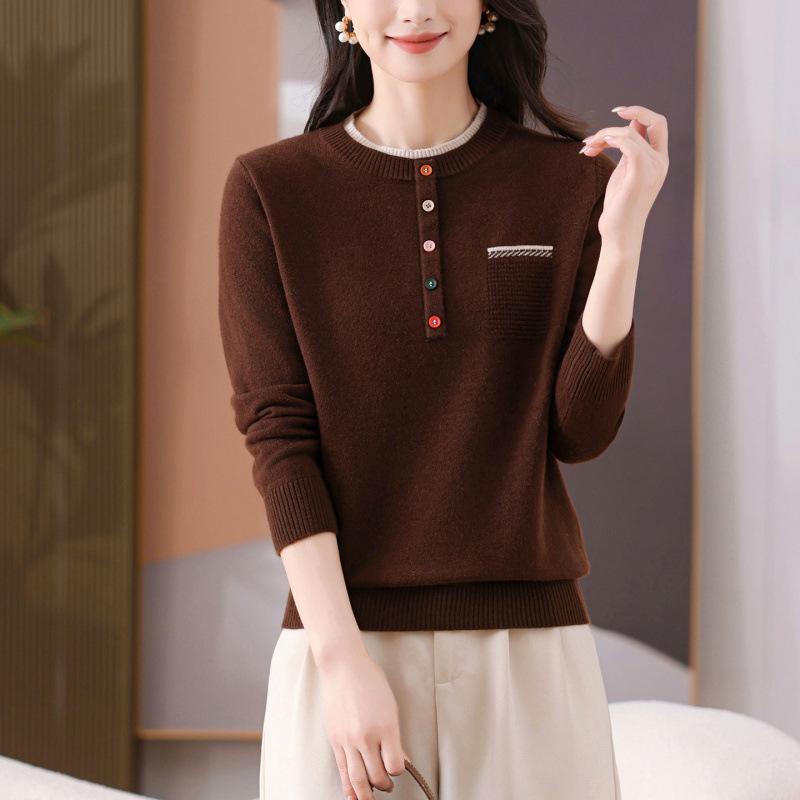 Женский вязаный свитер с круглым вырезом, дизайн с цветовыми блоками, Осень Зима, Новый, Элегантный, Модный, С длинным рукавом, Универсальный топ-пуловер