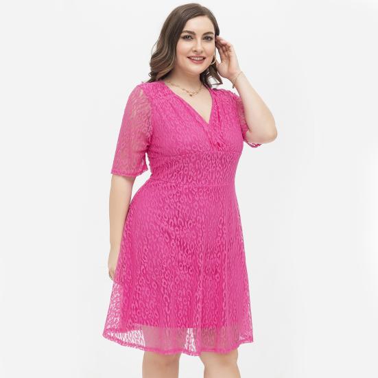 Plus Size Dress Lace V Neck Short Sleeves Leopard Pattern Double-layered Prom Wedding Party Midi Dress Summer Short Dress
