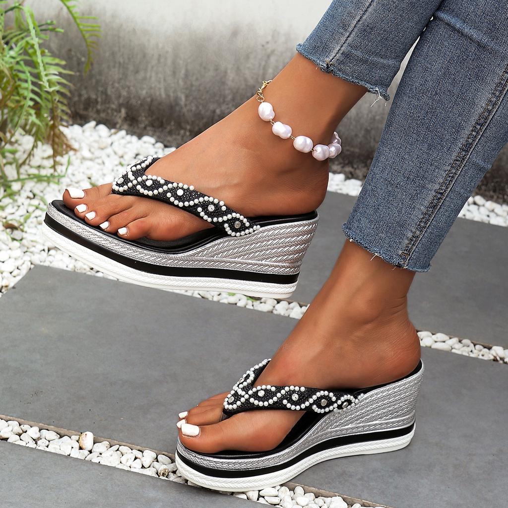 Fashion Pearl Decor Wedge Heel Sandals for Women Fashion Clip Toe Chunky Platform Slippers Woman 2025 Summer Thick Sole Beach Flip Flops