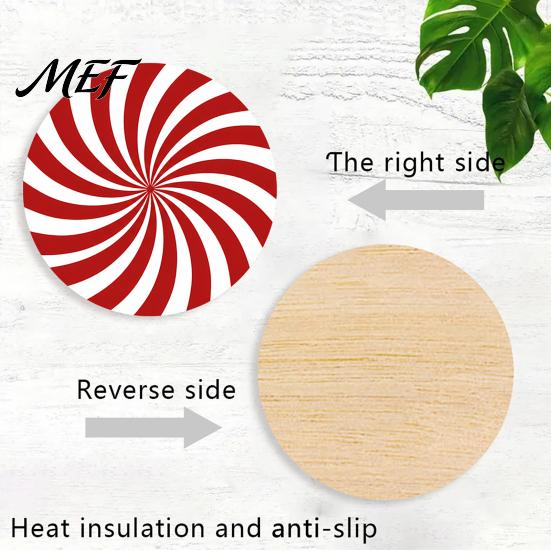 Festive Holiday Party Tableware 4Pcs Red White Spiral Wooden Coasters, Round Peppermint Candy Drink Pattern Table Mat Heat?Resistant Cup Pad,