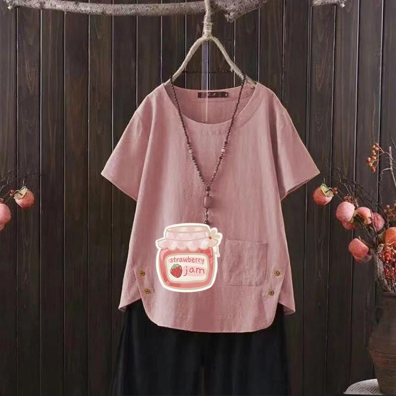 Футболка из хлопка и конопли с принтом Cartoon Can и V-образным вырезом для женщин - летняя легкая мода 2025 года