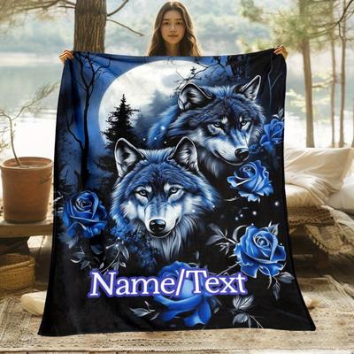 Custom Wolf Blanket Blue Wolves Moonlight Blue Roses Forest Design Personalized Name Fleece Throw All Season Soft Warm Bedding