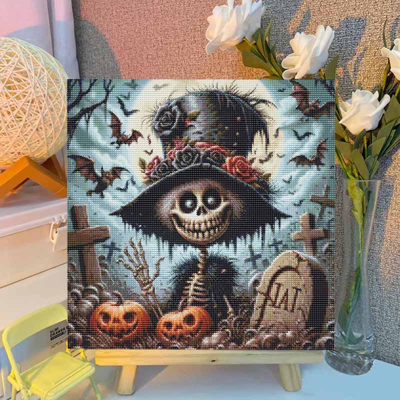Gothic Cemetery Skeleton Full Drill Diamond Painting Kit, Vintage Floral Top Hat Pumpkin Bat Tombstone Halloween DIY Diamond Art Decor Gift