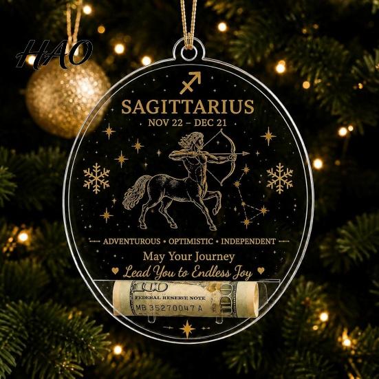 Acrylic Decorative Pendants Christmas Tree Money Holder Pendant, Transparent Round Hanging Ornament, 12 Ornaments Zodiac Signs Theme Accent for Party