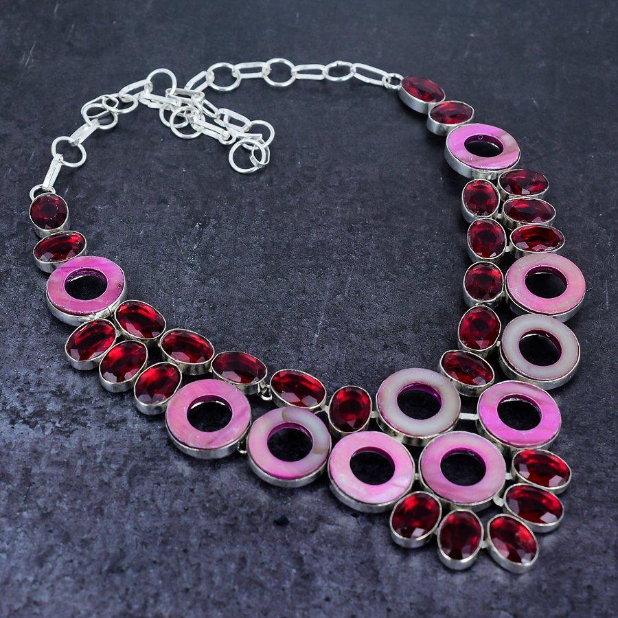 Ракушка, Гранат Драгоценный камень Ручная работа 925 Стерлинговое серебро Ювелирное изделие Ожерелье 18" V8Y30