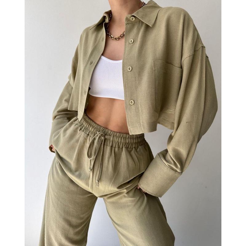 Комплект рубашки с длинным рукавом и брюк на кулиске однотонного цвета, европейский и американский стиль, 2025 год