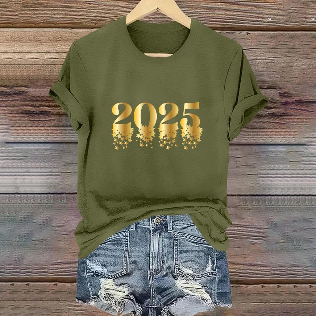 Ladies Casual 2025 New Year Printed Round Neck Short Sleeve T-Shirt Top