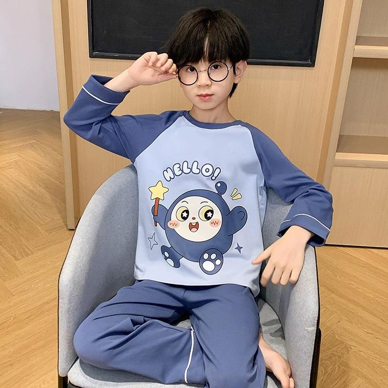 Детский мультяшный комплект пижамы с длинным рукавом - Круглый вырез, Большой размер, Подростки и дети