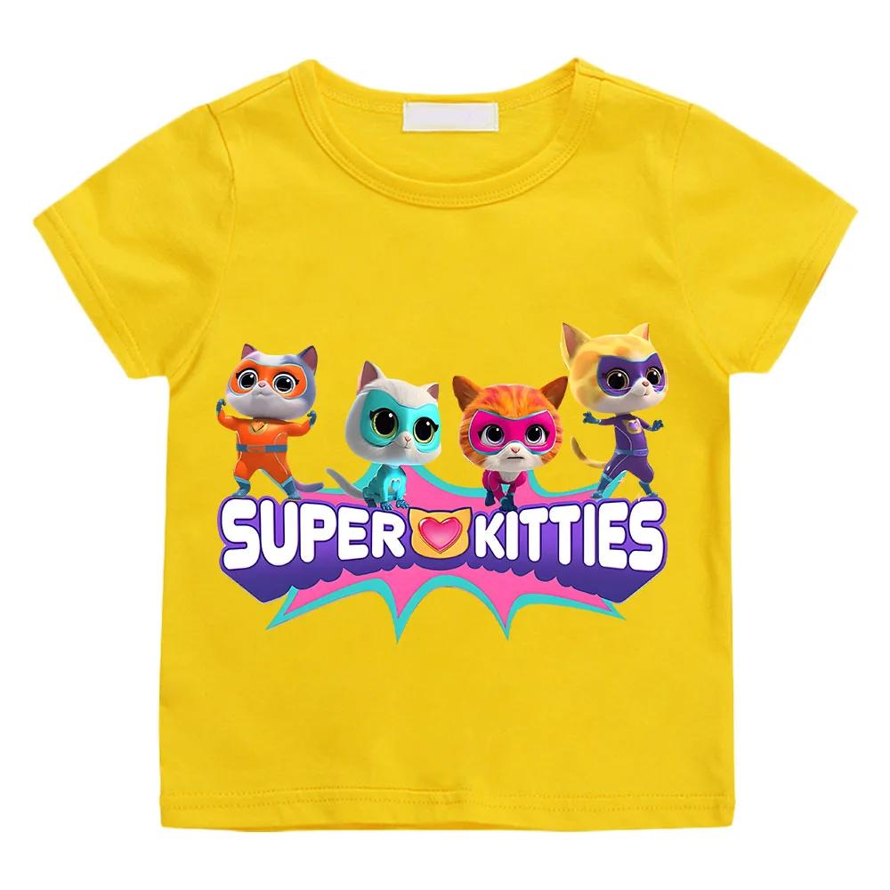 Летний топ с короткими рукавами из 100% чистого хлопка с мультяшным принтом SuperKitties