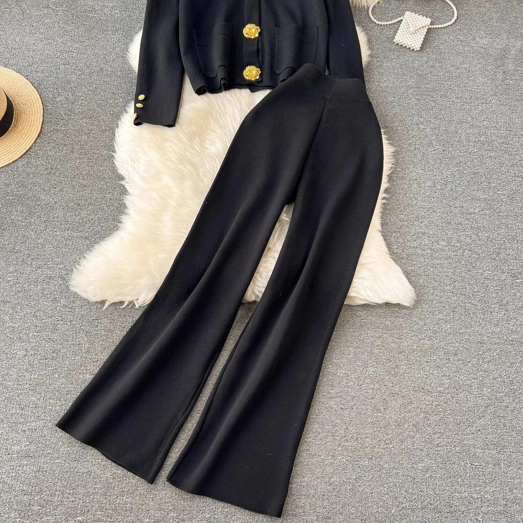 Осень-зима, кардиган с золотыми пуговицами и V-образным вырезом, карманы, вязаные свитера + широкие брюки, спортивные костюмы, длинный комплект из двух предметов