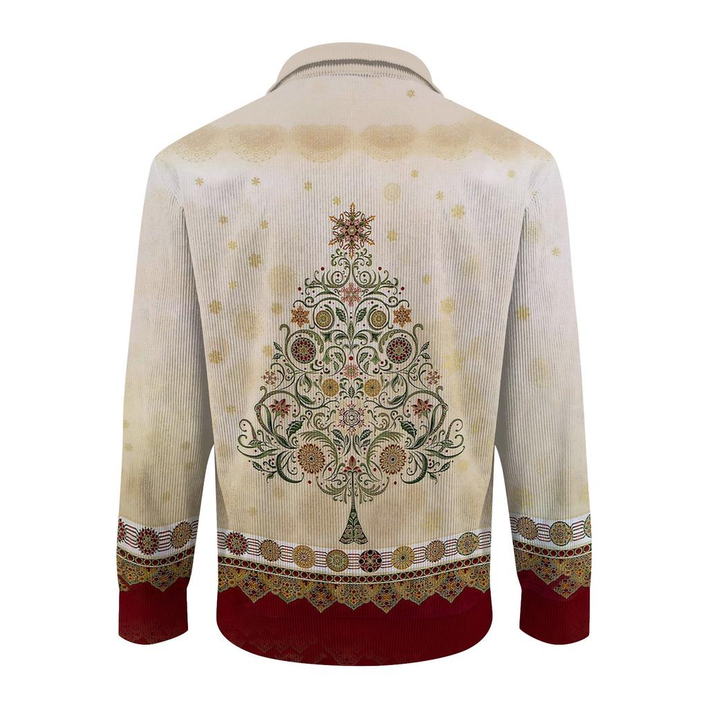 Мужская рождественская хлопковая рубашка-пуловер с длинным рукавом для активного отдыха, винтажная вельветовая рубашка с воротником-стойкой и пуговицами, повседневная толстовка с рождественским принтом