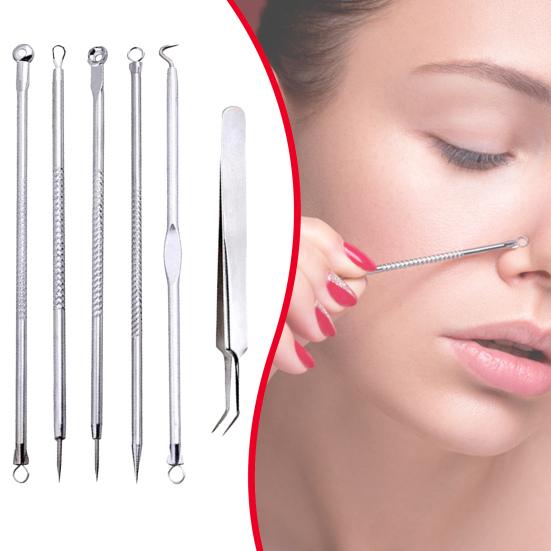 6Pcs/Set Blackhead Needle Anti-Slip Face Cleaning Stainless Steel Acne Removing Extractor Tools for Unisex
