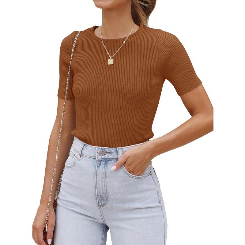 Women Short Sleeve Crew Neck Slim Fit Knit T Shirt
