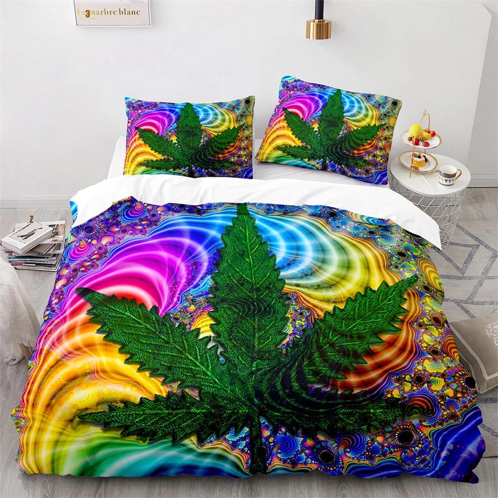 Weed Green Leaf Duvet Cover Watercolor Purple Blue Polyester King Queen Maple Leaf Duvet Cover For Women Men Bedroom Decoration