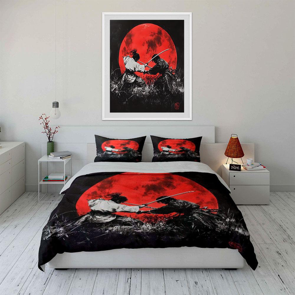 Samurai Duel Under Red Moon Bedding Duvet Cover Set (1*Duvet Cover 2*Pillowcases, without duvet insert)