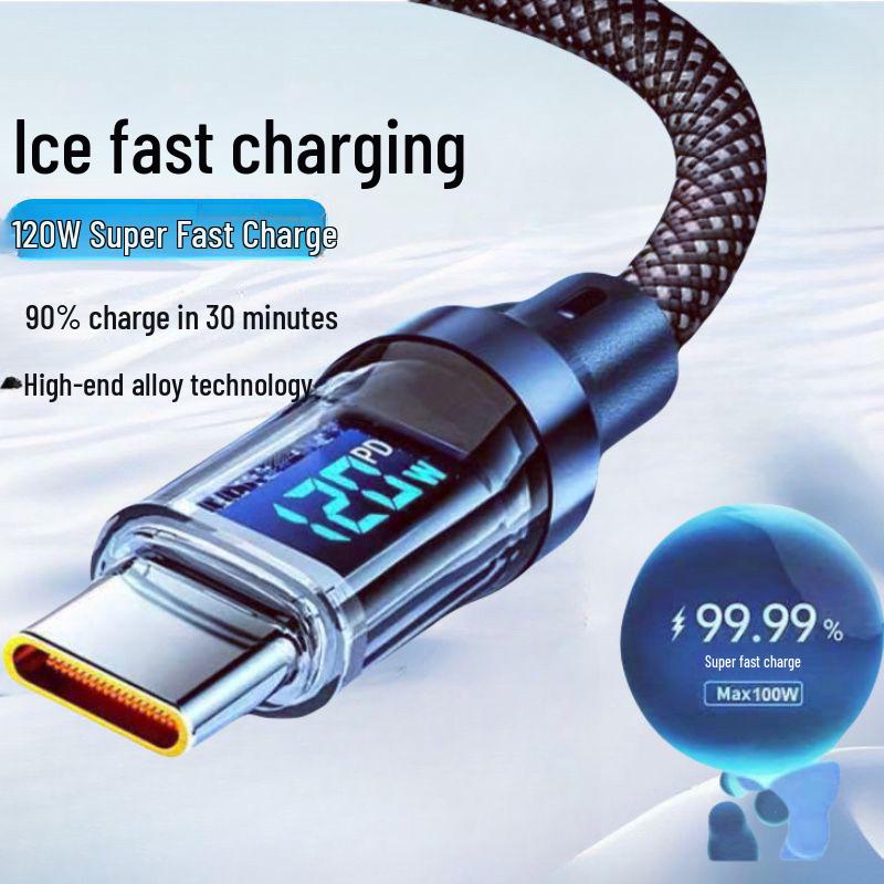 120W Dual Type-C Digital Display Fast Charging Cable for Apple 15/16 and Huawei Honor 6A