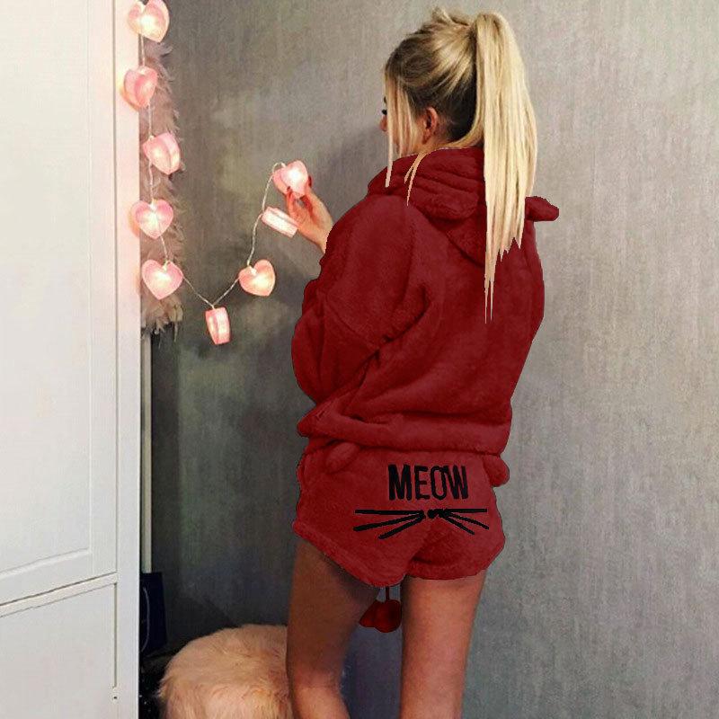 Женская мода Однотонный Теплый Зимний Пижамный Комплект из Двух Предметов Милая Пижама с Кошкой Худи Домашняя Одежда Большой Размер S-5XL