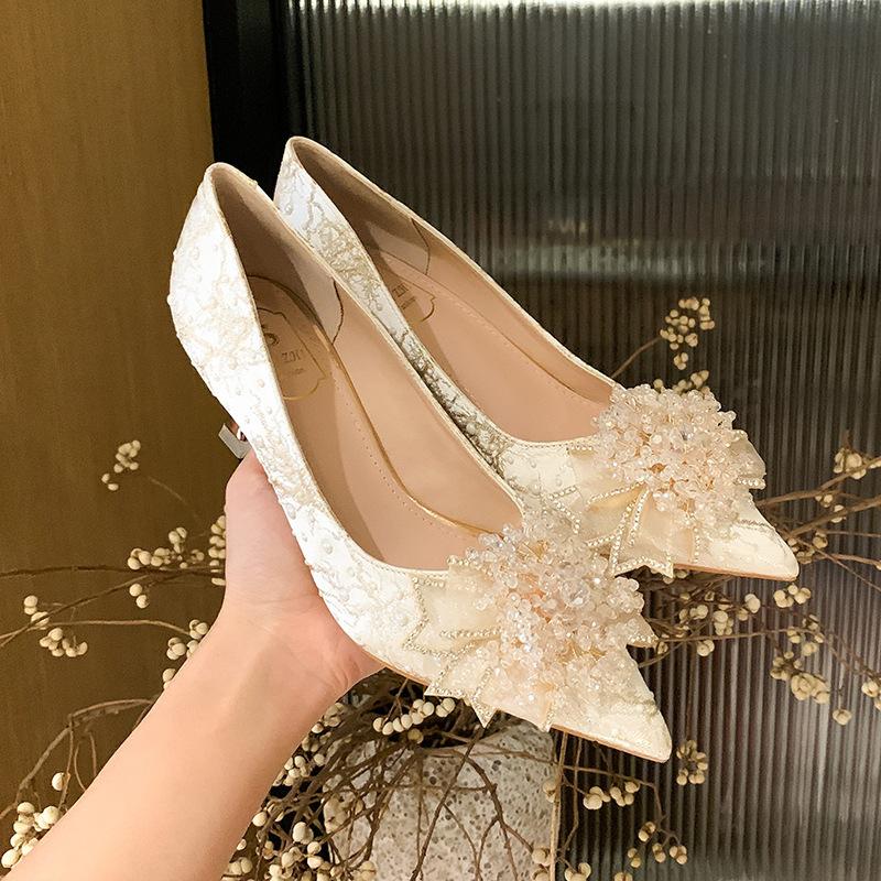 Single Shoes Women's Summer 2025 New Spring Autumn Shoes Crystal High Heels Wedding Shoes Versatile Rhinestones Full Diamonds High Heels Are Not Tired