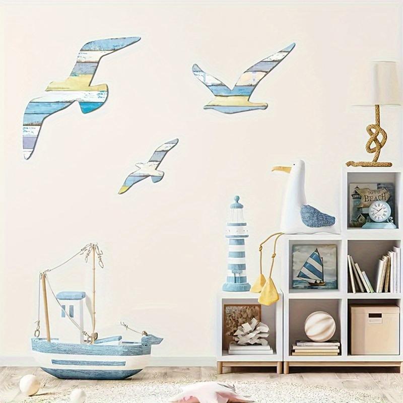 3-Piece Set Wooden Seagull Wall Decorations Nautical Coast Theme Retro Beach Marine Bird Living Room Bedroom Decoration