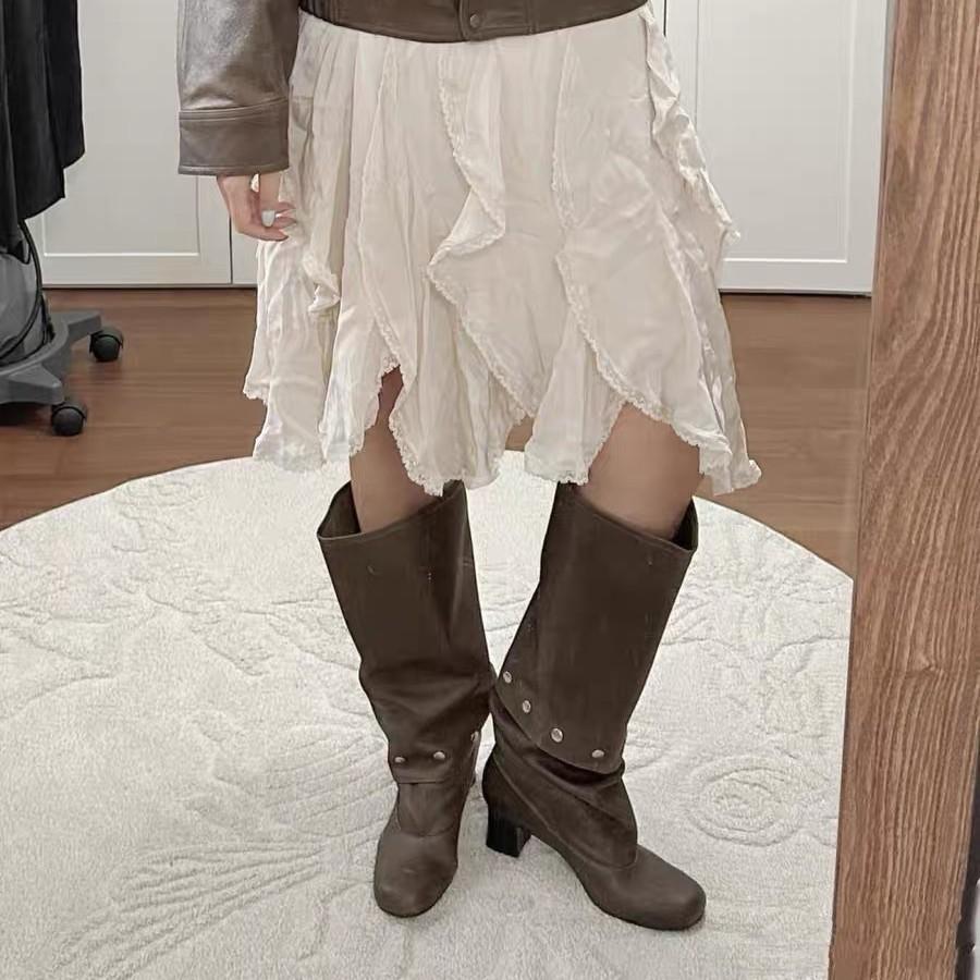 Съемные ботинки до колена, которые можно носить двумя способами, новые ретро-ботинки на толстом каблуке с заклепками, тонкие высокие ботинки-чулки