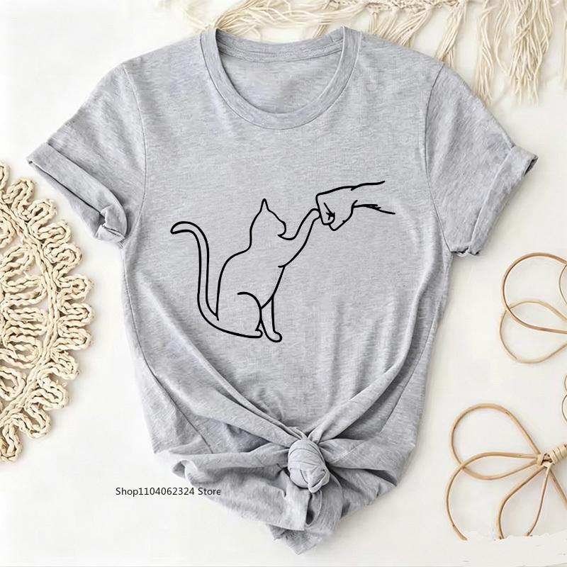 TXTrendy Kawaii Cat Print T-shirt Women's Summer Round Neck Cute Cat Y2K Graphic Tee Summer Streetwear Casual Woman Clothing