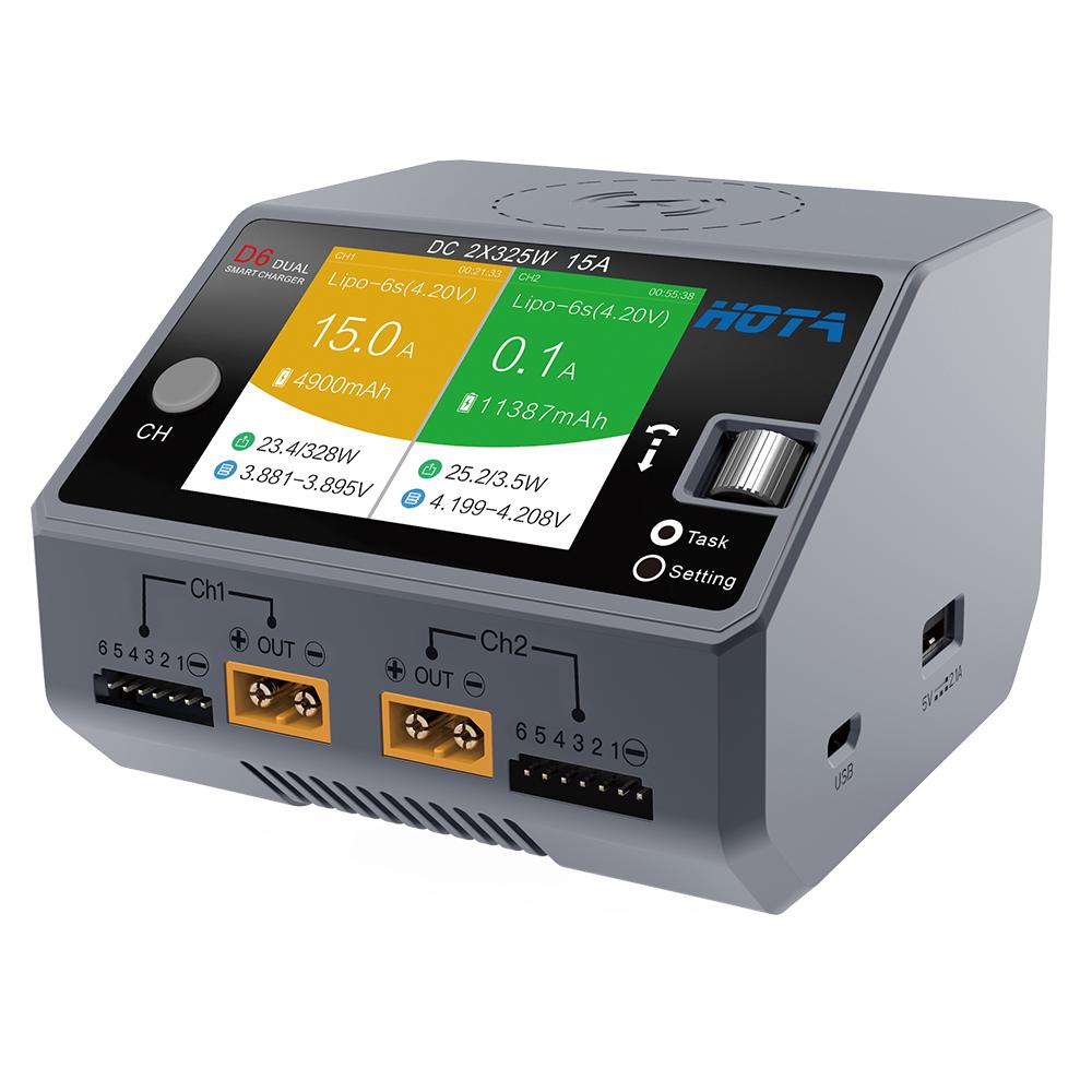 HOTA D6 Двухканальное интеллектуальное зарядное устройство 2*DC325W 15A для Lipo NiMH аккумулятора Беспроводная зарядка телефона