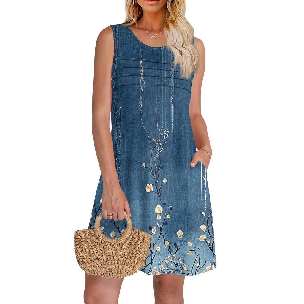 Женские летние платья с круглым вырезом, плиссировкой спереди, без рукавов, карманами, сарафаном, повседневным платьем