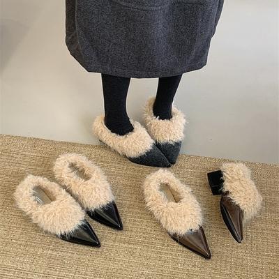 Корейская версия плюшевых туфель с квадратным носком, одинарные туфли женские 2025, теплые хлопковые туфли, французский толстый каблук, ретро черные туфли из маленькой кожи
