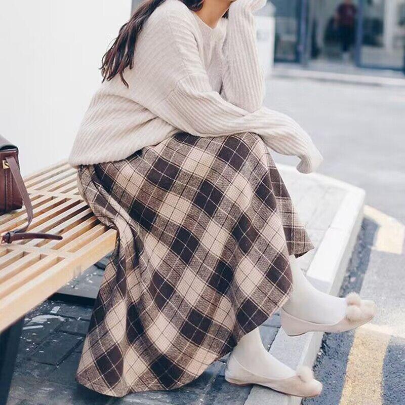 Mori Girl, осенне-зимняя женская элегантная юбка с высокой талией, винтажная клетчатая теплая шерстяная юбка, шерстяные шикарные розовые, синие, цвета хаки, женские юбки