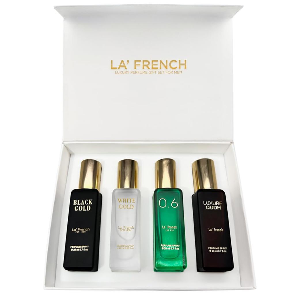 La French Classic Подарочный набор туалетной воды 4 x 20 мл для мужчин | Luxure Oud, White Gold, Black Gold | Лучший подарочный набор-корзина | Стойкий аромат