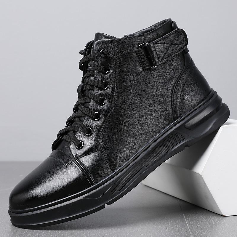 High-top Men's Shoes, Winter Men's Versatile Trend, Leather Fleece Casual Board Shoes, Men's Workwear Style Boots, Men's Black