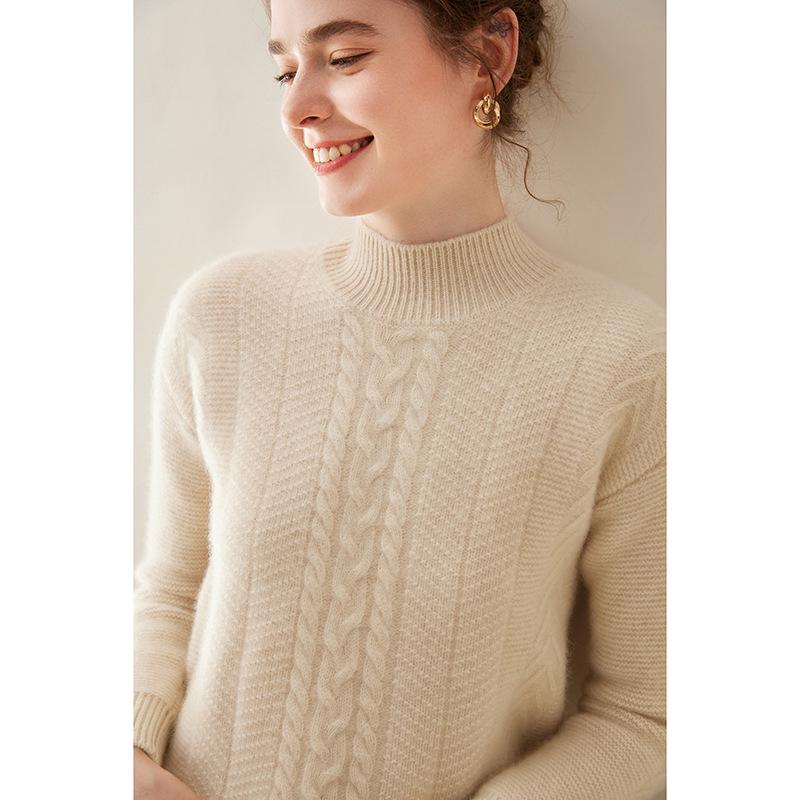Women's Soft Cashmere Cable Knitwear - Semi-High Neck, Thickened for Autumn/Winter, Can Be Worn Alone or as a Commuting Base Layer