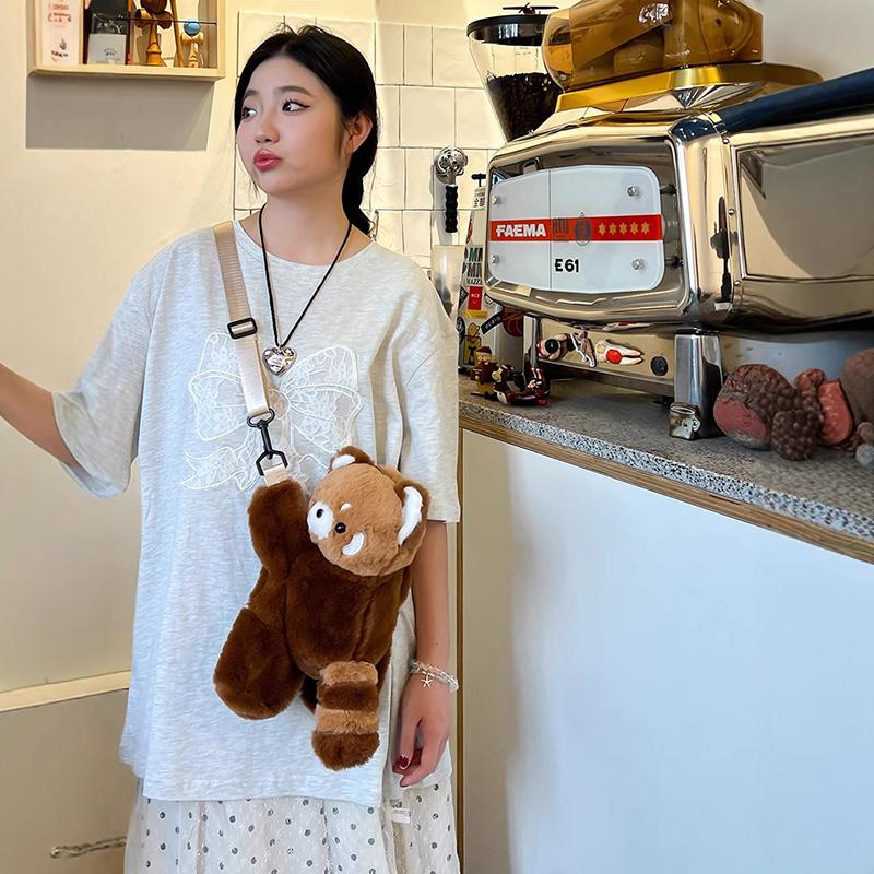 Red Panda Plush Backpack Cute Plushie Doll Women Crossbody Fur Soft Shoulder Bag For Camping Travel Party Female Birthday Gift