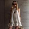 Women's Linen Mini Dress Sleeveless Stand Collar Button Front Ruffle Hem Summer Dress