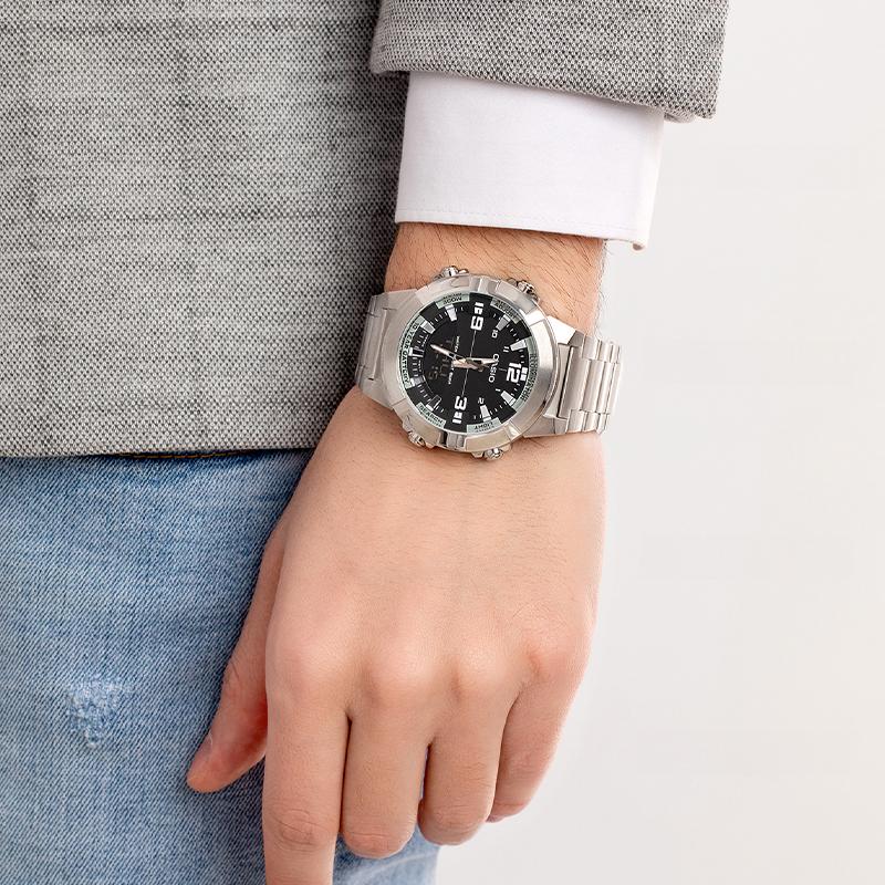 Casio Серия YOUTH - дисковый двойной дисплей СТАНДАРТНЫЙ цифровой двойной дисплей с указателем мощности серия Кварцевые часы на стальном ремешке мужские черный циферблат AMW-870D-1A