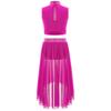 Girls Dance Outfit Sparkly Crop Top Keyhole Back Plus Irregular Hem Mesh Skirt Side Slit Performance Set