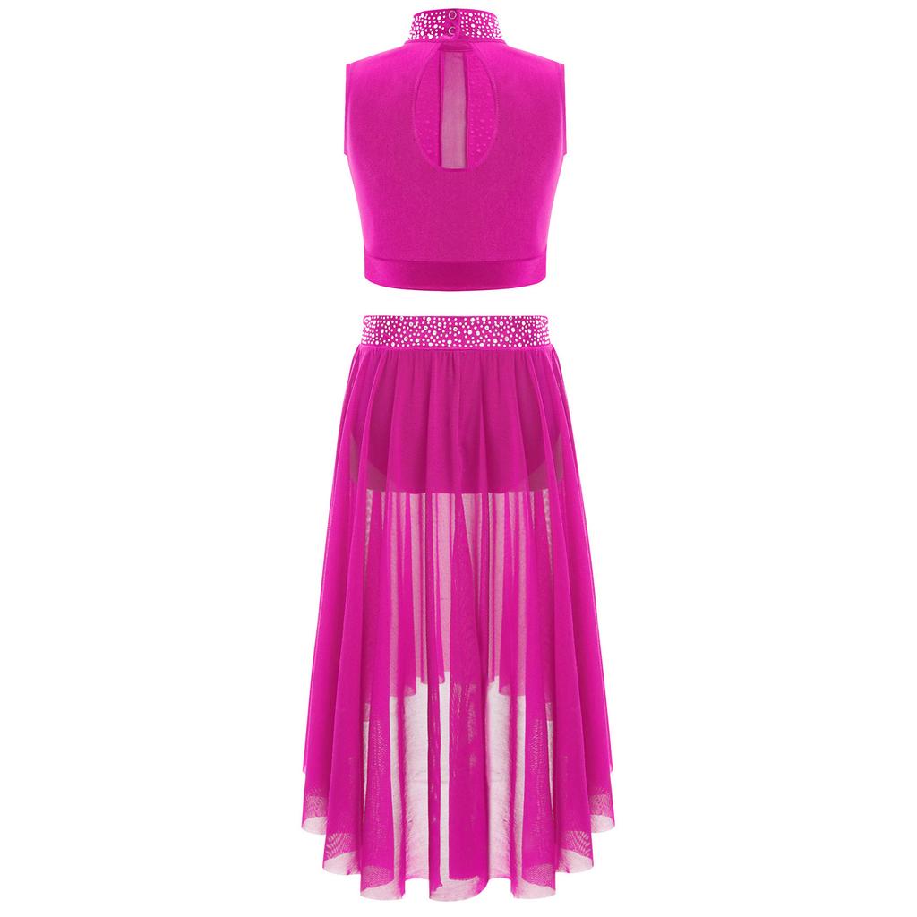 Girls Dance Outfit Sparkly Crop Top Keyhole Back Plus Irregular Hem Mesh Skirt Side Slit Performance Set