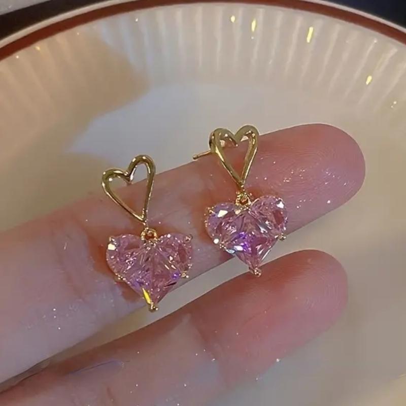 Позолоченные розовые сапфировые серьги в форме сердца, модные женские повседневные повседневные серьги для вечеринок, ювелирные изделия