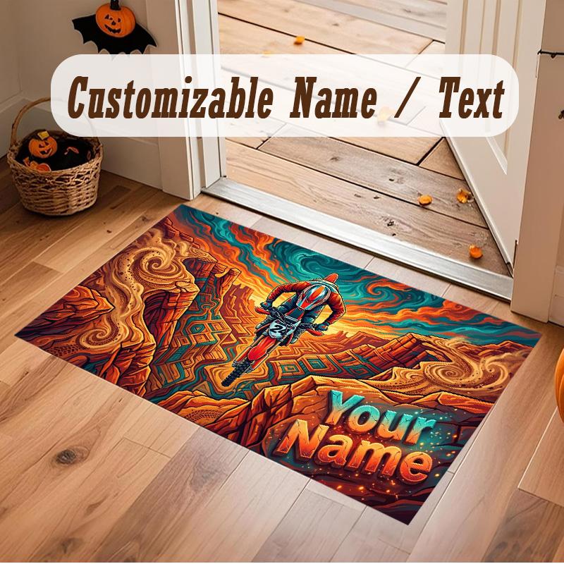 Motorcycle Biker Theme Soft Crystal Velvet Rug Custom Name & Text Print Non Slip Floor Rug for Bedroom Living Room