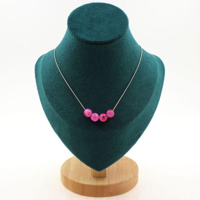 Stones and Minerals. Necklace 4 Beads Cracked Agate Fuchsia 8 Mm. Steel Chain Necklace Women, Men. Customizable Size.