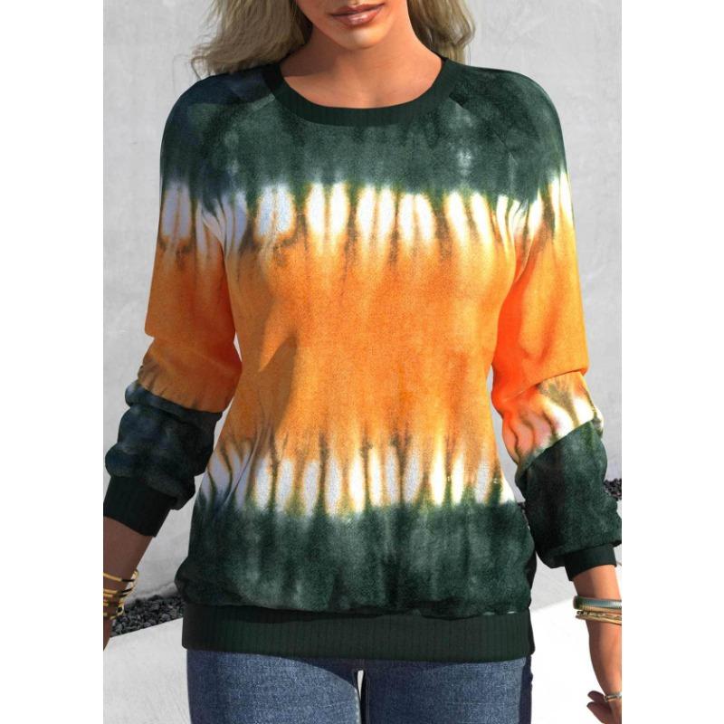 Осенний женский топ с принтом тай-дай, круглый вырез, длинные рукава, повседневный свободный пуловер