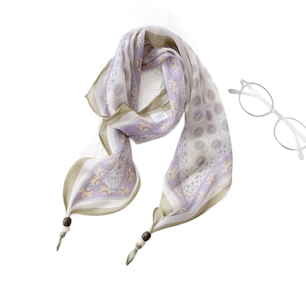 Spring and summer new silk printing rhombus scarf women's versatile sunscreen silk scarf literary streamer scarf high-end small square scarf
