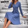Women's Fashion Spring Autumn Solid Color Print Long Sleeve V-Neck Casual Dresses